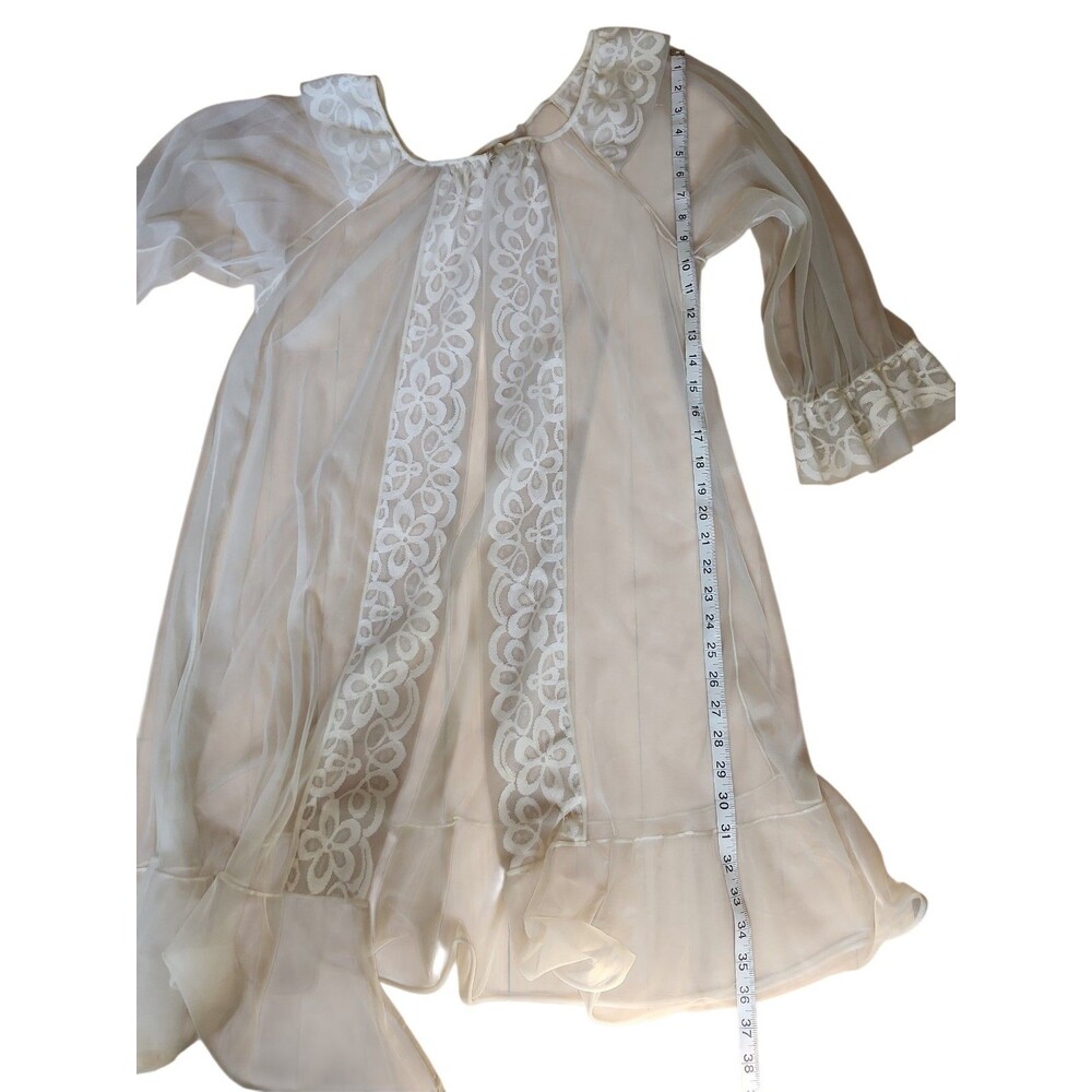 Vintage Sheer Ivory Peignoir Robe Angel Lace Trim Bridal Ethereal Ruffle Dainty - Picture 9 of 9